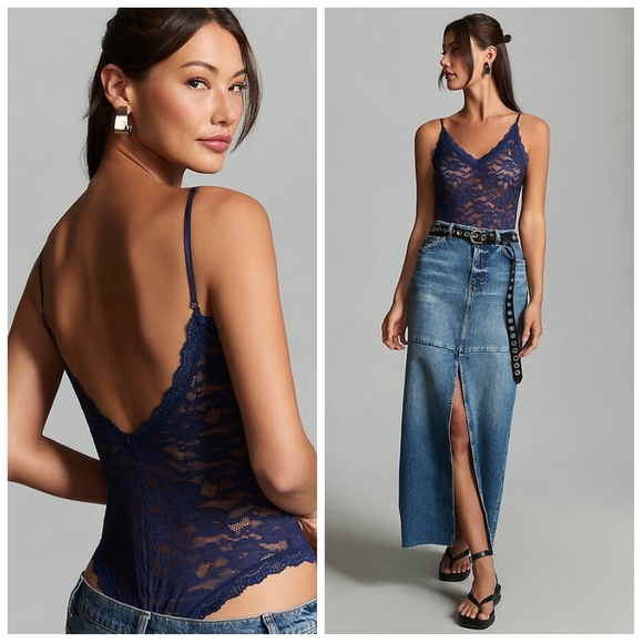 Anthropologie Navy Blue Floral Sexy Sheer Lace Bodysuit XS Snap Buttons Y2K - Picture 1 of 16